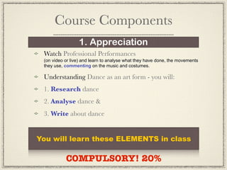 Course Components
                 1. Appreciation
 Watch Professional Performances
 (on video or live) and learn to analyse what they have done, the movements
 they use, commenting on the music and costumes.

 Understanding Dance as an art form - you will:
 1. Research dance
 2. Analyse dance &
 3. Write about dance


You will learn these ELEMENTS in class

           COMPULSORY! 20%
 