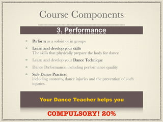 Course Components
              3. Performance
Perform as a soloist or in groups
Learn and develop your skills
The skills that physically prepare the body for dance
Learn and develop your Dance Technique
Dance Performance, including performance quality.
Safe Dance Practice:
including anatomy, dance injuries and the prevention of such
injuries.


    Your Dance Teacher helps you

         COMPULSORY! 20%
 