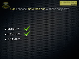 Can I choose more than one of these subjects?




MUSIC ?
DANCE ?
DRAMA ?
 