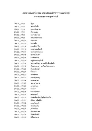 ภาพถายยืนเครื่องพระ-นาง แสดงแมทาการรําแมบทใหญ
จากหอจดหมายเหตุแหงชาติ
DANCE_1_172_4 ปฐม
DANCE_1_172_5 พรหมสี่หนา
DANCE_1_172_6 สอดสรอยมาลา
DANCE_1_172_7 ชานางนอน
DANCE_1_172_8 ผาลาเพียงไหล
DANCE_1_172_9 พิสมัยเรียงหมอน
DANCE_1_172_10 กังหันรอน
DANCE_1_172_11 ภมรเคลา
DANCE_1_172_12 แขกเตาเขารัง
DANCE_1_172_13 กระตายชมจันทร
DANCE_1_172_14 พระจันทรทรงกลด
DANCE_1_172_15 พระรถโยนสาร
DANCE_1_172_16 จอเพลิงกาฬ
DANCE_1_172_17 หนุมานผลาญยักษ
DANCE_1_172_18 พระรามโกงศร (พระหริรักษโกงศิลป)
DANCE_1_172_19 ชางประสานงา (คชรินทรประสานงา)
DANCE_1_172_20 ชางสะบัดหญา
DANCE_1_172_21 ขี่มาตีคลี
DANCE_1_172_22 สารถีชักรถ
DANCE_1_172_23 กลดพระสุเมรุ
DANCE_1_172_24 ตระเวนเวหา
DANCE_1_172_25 นาคามวนหาง
DANCE_1_172_26 กวางเดินดง
DANCE_1_172_27 หงสลีลา
DANCE_1_172_28 ชักแปงผัดหนา
DANCE_1_172_29 เหราเลนน้ํา
DANCE_1_172_30 กินนรเลียบถ้ํา (กินรินเลียบถ้ํา)
DANCE_1_172_31 ยังคิดประดิษฐรํา
DANCE_1_172_32 กระหวัดเกลา
DANCE_1_172_33 ตีโทนโยนทับ
DANCE_1_172_34 งูขวางคอน
DANCE_1_172_35 มัจฉาชมสาคร
DANCE_1_172_36 กินนรฟอนโอ
DANCE_1_172_37 สิงโตเลนหาง
 