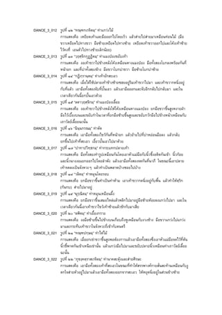 DANCE_3_012 รูปที่ ๑๒ “ทณฺฑกเรจิตมฺ” ทาแกวงไม
การแสดงคือ เหยียดเทาและมือออกไปโดยเร็ว แลวสายไปสายมาเหมือนทอนไม (มือ
ขวาเหยียดไปทางขวา มือซายเหยียดไปทางซาย เหยียดเทาขวาออกไปและโคงเทาซาย
ไวคงที่ เอนตัวไปทางซายเล็กนอย)
DANCE_3_013 รูปที่ ๑๓ “วฺฤศฺจิกกุฏฏิตมฺ” ทาแมงปองขยับเทา
การแสดงคือ งอเทาขวาไปขางหลังโคงเหมือนหางแมงปอง มือทั้งสองโบกลงพรอมกันที่
หนาอก และที่บาทั้งสองขาง มือขวาโบกบาขวา มือซายโบกบาซาย
DANCE_3_014 รูปที่ ๑๔ “กฏิภฺรานฺตมฺ” ทาเทายักสะเอว
การแสดงคือ เมื่อไดใชปลายเทาขางซายซฮยอยูริมเทาขวาไปมา และเทาขวากดนิ่งอยู
กับที่แลว เอามือทั้งสองจับที่บั้นเอว แลวเอามือออกและจับอีกกลับไปกลับมา และใน
เวลาเดียวกันนี้ยกบั้นเอวดวย
DANCE_3_015 รูปที่ ๑๕ “ลตาวฺฤศฺจิกมฺ” ทาแมงปองเลื้อย
การแสดงคือ งอเทาขวาไปขางหลังใหโคงเหมือนหางแมงปอง ยกมือขวาขี้นสูงหงายฝา
มือไวเบื้องบนและขยับกําในเวลาที่ยกมือซายขึ้นสูงและขยับกวักมือไปขางหนาเหมือนกับ
เถาวัลยเลื้อยฉะนั้น
DANCE_3_016 รูปที่ ๑๖ “ฉินฺนกรณมฺ” ทาตัด
การแสดงคือ เอามือทั้งสองไขวกันที่หนาอก แลวยายไปที่บาหยอนมือลง แลวกลับ
ยกขึ้นไปเทาที่สะเอว เอี้ยวบั้นเอวไปมาดวย
DANCE_3_017 รูปที่ ๑๗ “ปาทาปวิทฺธกมฺ” ทากระแทกปลายเทา
การแสดงคือ มือทั้งสองทํารูปเหมือนกันโดยเอาหัวแมมือกับนิ้วชี้งอติดกันเขา นิ้วกอย
และนิ้วนางงอแยกออกไปโดยลําพัง แลวเอามือทั้งสองจดกันที่นาภี ในขณะนี้เอาปลาย
เทาจดลงเปนจังหวะๆ แลวทําเปนพลาดบางซอยไปบาง
DANCE_3_018 รูปที่ ๑๘ “วลิตมฺ” ทาหมุนโดยรอบ
การแสดงคือ ยกมือขวาขึ้นทําเปนทาหาม เอาเทาขวากดนิ่งอยูกับพื้น แลวทําใหตฺริก
(กนกบ) สายไปมาอยู
DANCE_3_019 รูปที่ ๑๙ “ฆุรฺณิตมฺ” ทาหมุนเหมือนผึ้ง
การแสดงคือ ยกมือขวาขึ้นเสมอไหลแลวพลิกไปมาอยูมือซายหอยลงแกวงไปมา และใน
เวลาเดียวกันนี้เอาเทาขวาไขวเทาซายแลวชักกับมาเสีย
DANCE_3_020 รูปที่ ๒๐ “ลฬิตมฺ” ทาเยื้องกราย
การแสดงคือ งอมือซายขึ้นไปขางบนเกือบถึงหูเหมือนกับงวงชาง มือขวาแกวงไปแกวง
มาและกระทืบเทาขวาในจังหวะถี่เขากับดนตรี
DANCE_3_021 รูปที่ ๒๑ “ทณฺฑปกฺษมฺ” ทาไตไม
การแสดงคือ เมื่อยกเขาขวาขึ้นสูงพอตองการแลวเอามือทั้งสองซึ่งเอาหัวแมมือจดไวที่ตน
นิ้วชี้พาดกันเขาเหนือเขานั้น แลวแกวงมือไปมาและขยับปลายนิ้วเหมือนทาเถาวัลยเลื้อย
ฉะนั้น
DANCE_3_022 รูปที่ ๒๒ “ภุชงฺคตฺราสเรจิตมฺ” ทานาคสะดุงและสายศีรษะ
การแสดงคือ เอามือทั้งสองเทาที่สะเอวในขณะที่ทําใหสรรพางคกายสั่นสะทานเหมือนกับงู
ตกใจสายหัวอยูไปมาแลวเอามือทั้งสองออกจากสะเอว ใหหยุดนิ่งอยูในสวนขางซาย
 