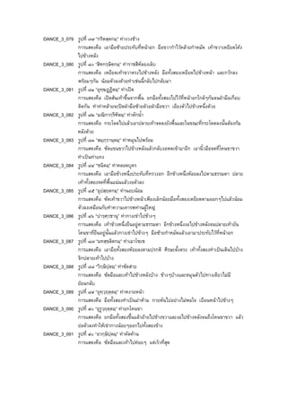 DANCE_3_079 รูปที่ ๗๙ “กริหสฺตกมฺ” ทางวงชาง
การแสดงคือ เอามือซายประทับที่หนาอก มือขวากําไวคลายกําหมัด เทาขวาเหยียดโคง
ไปขางหลัง
DANCE_3_080 รูปที่ ๘๐ “สิหกรฺษิตกมฺ” ทาราชสีหลองเล็บ
การแสดงคือ เหยียดเทาขวาตรงไปขางหลัง มือทั้งสองเหยียดไปขางหนา และกวักลง
พรอมๆกัน นอมตัวลงดวยทําเชนนี้กลับไปกลับมา
DANCE_3_081 รูปที่ ๘๑ “อุทฺฆฏฏิตมฺ” ทาเปด
การแสดงคือ เปดสนเทาขึ้นจากพื้น ยกมือทั้งสองไปไวที่หนาอกใกลๆกันจนฝามือเกือบ
ติดกัน ทําทาคลายจะปดฝามือซายดวยฝามือขวา เอียงตัวไปขางหนึ่งดวย
DANCE_3_082 รูปที่ ๘๒ “มณิกากฺรีฑิตมฺ” ทาตักน้ํา
การแสดงคือ กระโดดไปแลวเอาปลายเทาจดลงยังพื้นและในขณะที่กระโดดลงนั้นตองกม
หลังดวย
DANCE_3_083 รูปที่ ๘๓ “สมฺภฺรานฺตมฺ” ทาหมุนไปพรอม
การแสดงคือ ซัดแขนขวาไปขางหลังแลวกลับงอหดเขามาอีก เอานิ้วมือจดที่โคนขาขวา
ทําเปนทาแทง
DANCE_3_084 รูปที่ ๘๔ “ชนิตมฺ” ทาคลอดบุตร
การแสดงคือ เอามือขางหนึ่งประทับที่ทรวงอก อีกขางหนึ่งหอยลงไปตามธรรมดา ปลาย
เทาทั้งสองจดที่พื้นแนนแลวงอตัวลง
DANCE_3_085 รูปที่ ๘๕ “อุปสฺฤตกมฺ” ทานอบนอม
การแสดงคือ ซัดเทาขวาไปขางหนาเพียงเล็กนอยมือทั้งสองเหยียดตามออกๆไปแลวนอม
ตัวลงเหมือนกับทําความเคารพทานผูใหญ
DANCE_3_086 รูปที่ ๘๖ “ปารฺศฺวชานุ” ทากางเขาไปขางๆ
การแสดงคือ เทาขางหนึ่งยืนอยูตามธรรมดา อีกขางหนึ่งงอไปขางหลังจนปลายเทายัน
โคนขาที่ยืนอยูนั้นแลวกางเขาไปขางๆ มือซายกําหมัดแลวเอามาประทับไวที่หนาอก
DANCE_3_087 รูปที่ ๘๗ “มทสฺขลิตกมฺ” ทาเมาโซเซ
การแสดงคือ เอามือทั้งสองหอยลงตามปรกติ ศีรษะตั้งตรง เทาทั้งสองทําเปนเดินไปบาง
จิกปลายเทาไปบาง
DANCE_3_088 รูปที่ ๘๘ “วิกฺษิปฺตมฺ” ทาซัดสาย
การแสดงคือ ซัดมือและเทาไปขางหลังบาง ขางๆบางและหมุนตัวไปทางเดียวไมมี
ยอนกลับ
DANCE_3_089 รูปที่ ๘๙ “อุทฺวฺฤตฺตมฺ” ทาหงายหนา
การแสดงคือ มือทั้งสองทําเปนมาหาม กายหันไปอยางไมพอใจ เบือนหนาไปขางๆ
DANCE_3_090 รูปที่ ๙๐ “อุรูวฺฤตฺตมฺ” ทายกโคนขา
การแสดงคือ ยกมือทั้งสองขึ้นแลวยายไปขางขวาและงอไปขางหลังจนถึงโคนขาขวา แลว
ยอตัวลงทําใหเขากางนอยๆออกไปทั้งสองขาง
DANCE_3_091 รูปที่ ๙๐ “อากฺษิปฺตมฺ” ทาคัดคาน
การแสดงคือ ซัดมือและเทาไปคอยๆ แตเร็วที่สุด
 