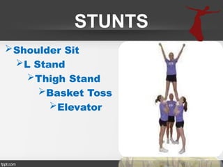 STUNTS
Shoulder Sit
L Stand
Thigh Stand
Basket Toss
Elevator
 
