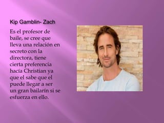 Kip Gamblin- Zach
Es el profesor de
baile, se cree que
lleva una relación en
secreto con la
directora, tiene
cierta preferencia
hacía Christian ya
que el sabe que el
puede llegar a ser
un gran bailarín si se
esfuerza en ello.
 