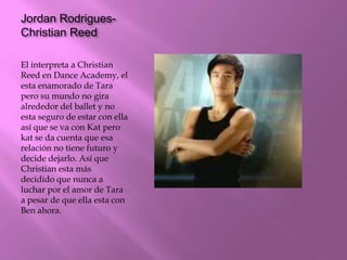 Jordan Rodrigues-
Christian Reed
El interpreta a Christian
Reed en Dance Academy, el
esta enamorado de Tara
pero su mundo no gira
alrededor del ballet y no
esta seguro de estar con ella
así que se va con Kat pero
kat se da cuenta que esa
relación no tiene futuro y
decide dejarlo. Así que
Christian esta más
decidido que nunca a
luchar por el amor de Tara
a pesar de que ella esta con
Ben ahora.
 