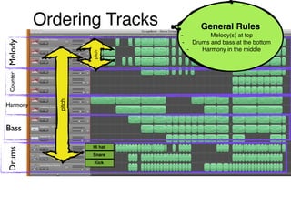 Ordering Tracks               General Rules
                              -            Melody(s) at top
Melody


                               -     Drums and bass at the bottom
                                   -    Harmony in the middle




                     pitch
Counter




             pitch




Harmony



Bass

                     Hi hat
Drums




                     Snare
                     Kick
 