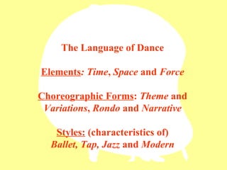The Language of Dance Elements : Time ,  Space  and  Force Choreographic Forms :  Theme  and  Variations ,  Rondo  and  Narrative Styles:  (characteristics of) Ballet, Tap, Jazz  and  Modern 