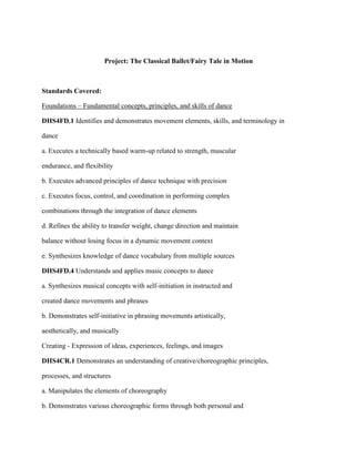 Project: The Classical Ballet/Fairy Tale in Motion
Standards Covered:
Foundations – Fundamental concepts, principles, and skills of dance
DHS4FD.1 Identifies and demonstrates movement elements, skills, and terminology in
dance
a. Executes a technically based warm-up related to strength, muscular
endurance, and flexibility
b. Executes advanced principles of dance technique with precision
c. Executes focus, control, and coordination in performing complex
combinations through the integration of dance elements
d. Refines the ability to transfer weight, change direction and maintain
balance without losing focus in a dynamic movement context
e. Synthesizes knowledge of dance vocabulary from multiple sources
DHS4FD.4 Understands and applies music concepts to dance
a. Synthesizes musical concepts with self-initiation in instructed and
created dance movements and phrases
b. Demonstrates self-initiative in phrasing movements artistically,
aesthetically, and musically
Creating - Expression of ideas, experiences, feelings, and images
DHS4CR.1 Demonstrates an understanding of creative/choreographic principles,
processes, and structures
a. Manipulates the elements of choreography
b. Demonstrates various choreographic forms through both personal and
 