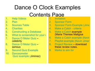 Dance O Clock Examples Contents Page  ,[object Object],[object Object],[object Object],[object Object],[object Object],[object Object],[object Object],[object Object],[object Object],[object Object],[object Object],[object Object],[object Object],[object Object],[object Object],[object Object],[object Object],[object Object],[object Object]