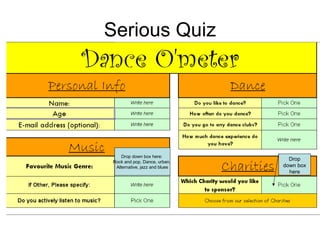 Serious Quiz Drop down box here:  Rock and pop, Dance, urban,  Alternative, jazz and blues Drop down box here 