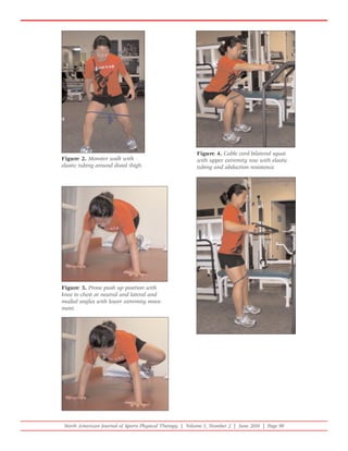 Figure 4. Cable cord bilateral squat
Figure 2. Monster walk with                             with upper extremity row with elastic
elastic tubing around distal thigh.                     tubing and abduction resistance.




Figure 3. Prone push up position with
knee to chest at neutral and lateral and
medial angles with lower extremity move-
ment.




 North American Journal of Sports Physical Therapy | Volume 5, Number 2 | June 2010 | Page 90
 