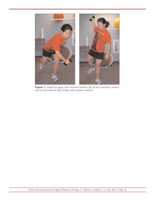 Figure 7. Single leg squat with internal rotation (IR) of hip concentric motion
     and eternal rotation (ER) of hip with eccentric motion.




North American Journal of Sports Physical Therapy | Volume 5, Number 2 | June 2010 | Page 92
 