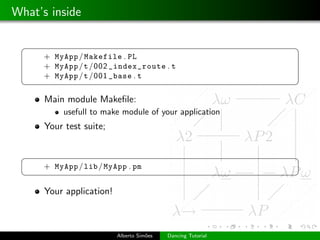 What’s inside

 §                                                            ¤
      + MyApp / Makefile . PL
      + MyApp /t /002 _index_route . t
      + MyApp /t /001 _base . t
 ¦                                                            ¥
      Main module Makeﬁle:
           usefull to make module of your application
      Your test suite;


 §                                                            ¤
      + MyApp / lib / MyApp . pm
 ¦                                                            ¥

      Your application!



                          Alberto Sim˜es
                                     o     Dancing Tutorial
 
