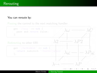 Rerouting


  You can reroute by:

  Passing the control to the next matching handler:
 §                                                               ¤
      get ’ / l a z y ’ => sub {
         pass and r e t u r n false ;
      };
 ¦                                                               ¥

  Redirecting to other URI:
 §                                                               ¤
      get ’ / f o r b i d d e n ’ => sub {
         r e t u r n redirect ’ / b e t t e r / p l a c e ’
      };
 ¦                                                               ¥




                             Alberto Sim˜es
                                        o     Dancing Tutorial
 