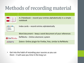 Methods of recording material 
A-Z Notebook – record your entries alphabetically in a simple 
notebook 
Index cards – record entries alphabetically 
Word document – keep a word document of your references 
RefWorks – Online electronic system 
Zotero- Online plugin for Firefox, free, similar to RefWorks 
• Get into the habit of recording your sources as you use 
them – it will save you time in the long run 
 
