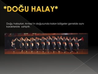 Doğu halayları: Antep‘in doğusunda kalan bölgeler genelde aynı
karakteriste sahiptir.
 