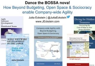 @JuttaEckstein | agilebossanova.org1
#agilebossanova
http://agilebossanova.org
Jutta Eckstein | @JuttaEckstein
www.JEckstein.com
Dance the BOSSA nova!
How Beyond Budgeting, Open Space & Sociocracy
enable Company-wide Agility
 