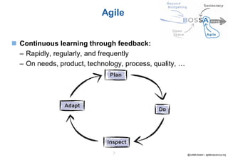 @JuttaEckstein | agilebossanova.org7
Agile
◼ Continuous learning through feedback:
– Rapidly, regularly, and frequently
– On needs, product, technology, process, quality, …
 