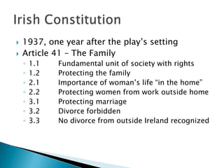 1937, one year after the play’s settingArticle 41 – The Family1.1	Fundamental unit of society with rights1.2	Protecting the family2.1	Importance of woman’s life “in the home”2.2	Protecting women from work outside home3.1	Protecting marriage3.2	Divorce forbidden3.3	No divorce from outside Ireland recognizedIrish Constitution