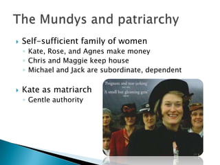 Self-sufficient family of womenKate, Rose, and Agnes make moneyChris and Maggie keep houseMichael and Jack are subordinate, dependentKate as matriarchGentle authorityThe Mundys and patriarchy