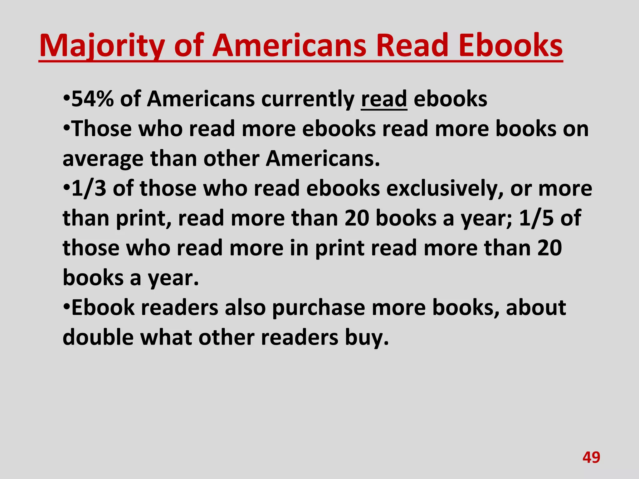 Majority of Americans Read Ebooks
•54% of Americans currently read ebooks
•Those who read more ebooks read more books on
average than other Americans.
•1/3 of those who read ebooks exclusively, or more
than print, read more than 20 books a year; 1/5 of
those who read more in print read more than 20
books a year.
•Ebook readers also purchase more books, about
double what other readers buy.
49
 