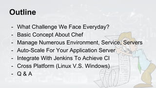 Outline
- What Challenge We Face Everyday?
- Basic Concept About Chef
- Manage Numerous Environment, Service, Servers
- Auto-Scale For Your Application Server
- Integrate With Jenkins To Achieve CI
- Cross Platform (Linux V.S. Windows)
- Q & A
 
