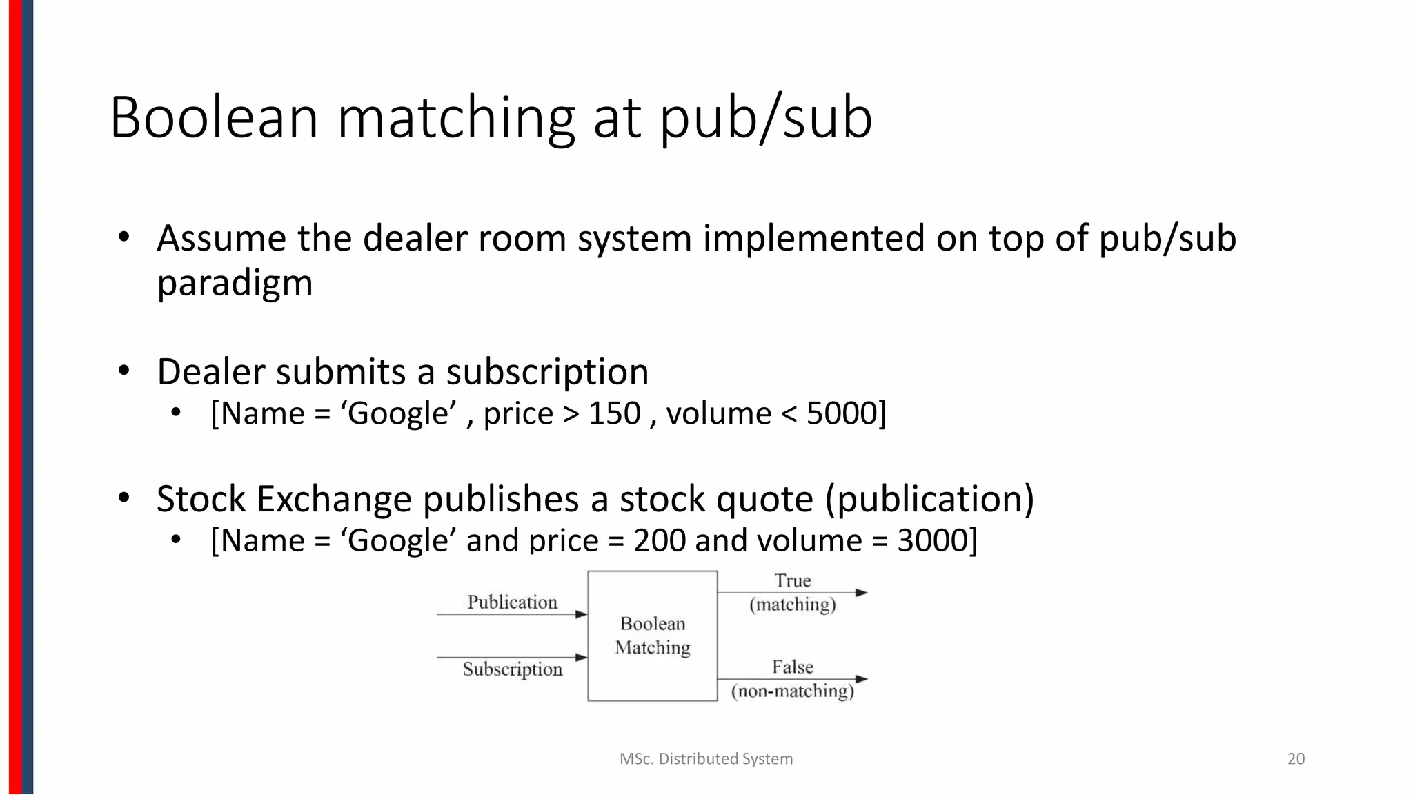 Boolean matching at pub/sub
• Assume the dealer room system implemented on top of pub/sub
paradigm
• Dealer submits a subscription
• [Name = ‘Google’ , price > 150 , volume < 5000]
• Stock Exchange publishes a stock quote (publication)
• [Name = ‘Google’ and price = 200 and volume = 3000]
MSc. Distributed System 20
 