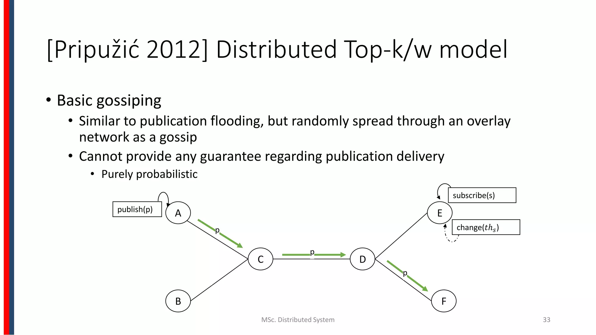 [Pripužić 2012] Distributed Top-k/w model
• Basic gossiping
• Similar to publication flooding, but randomly spread through an overlay
network as a gossip
• Cannot provide any guarantee regarding publication delivery
• Purely probabilistic
MSc. Distributed System 33
A
B
C D
E
F
subscribe(s)
change(𝑡ℎ 𝑠)
publish(p)
p
p
p
 