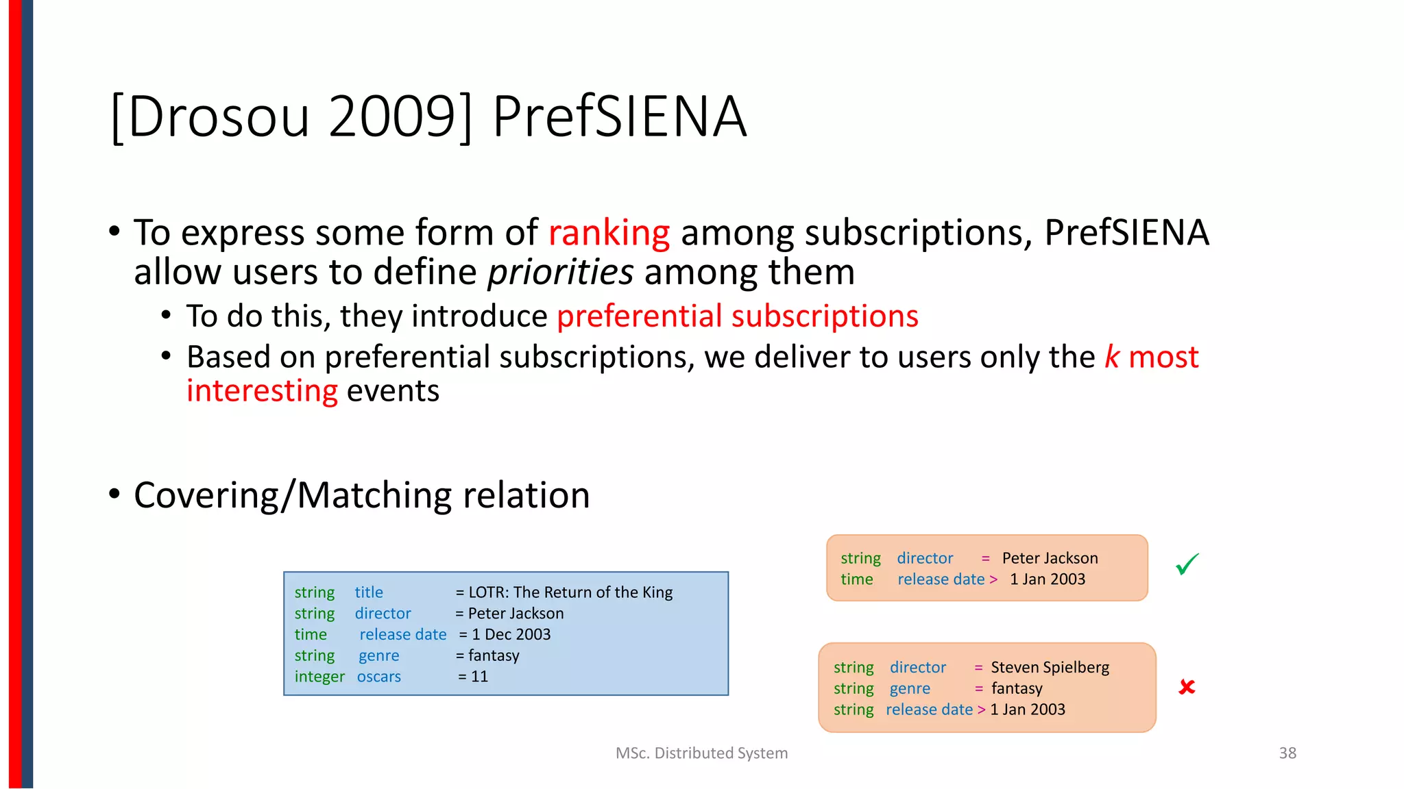 [Drosou 2009] PrefSIENA
• To express some form of ranking among subscriptions, PrefSIENA
allow users to define priorities among them
• To do this, they introduce preferential subscriptions
• Based on preferential subscriptions, we deliver to users only the k most
interesting events
• Covering/Matching relation
MSc. Distributed System 38
string director = Peter Jackson
time release date > 1 Jan 2003
string director = Steven Spielberg
string genre = fantasy
string release date > 1 Jan 2003
string title = LOTR: The Return of the King
string director = Peter Jackson
time release date = 1 Dec 2003
string genre = fantasy
integer oscars = 11


 