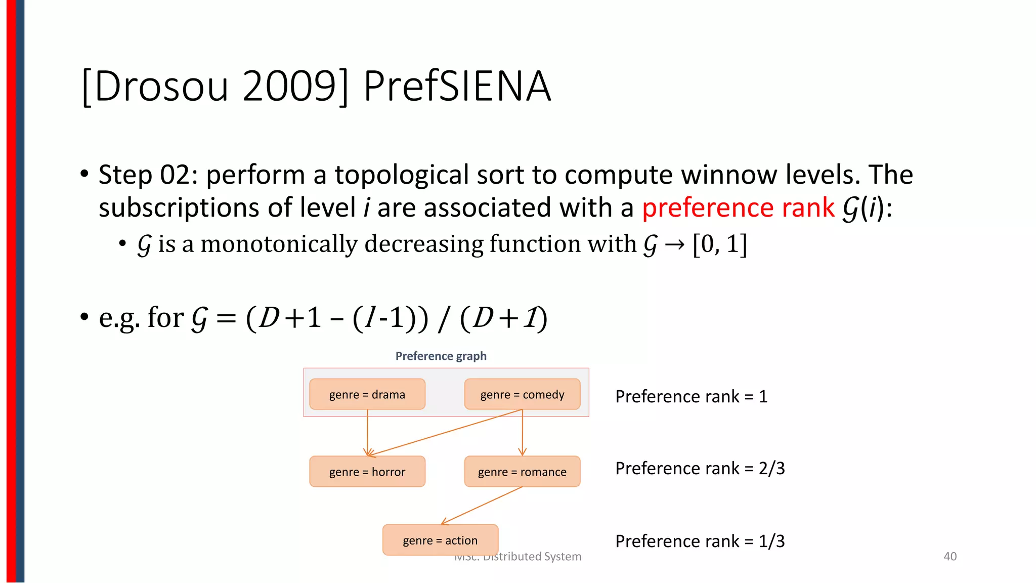 [Drosou 2009] PrefSIENA
• Step 02: perform a topological sort to compute winnow levels. The
subscriptions of level i are associated with a preference rank 𝒢(i):
• 𝒢 is a monotonically decreasing function with 𝒢 → [0, 1]
• e.g. for 𝒢 = (D +1 – (l -1)) / (D +1)
MSc. Distributed System 40
genre = drama genre = comedy
genre = horror genre = romance
genre = action
Preference graph
Preference rank = 1
Preference rank = 2/3
Preference rank = 1/3
 