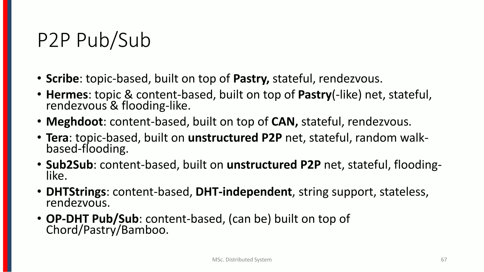 P2P Pub/Sub
• Scribe: topic-based, built on top of Pastry, stateful, rendezvous.
• Hermes: topic & content-based, built on top of Pastry(-like) net, stateful,
rendezvous & flooding-like.
• Meghdoot: content-based, built on top of CAN, stateful, rendezvous.
• Tera: topic-based, built on unstructured P2P net, stateful, random walk-
based-flooding.
• Sub2Sub: content-based, built on unstructured P2P net, stateful, flooding-
like.
• DHTStrings: content-based, DHT-independent, string support, stateless,
rendezvous.
• OP-DHT Pub/Sub: content-based, (can be) built on top of
Chord/Pastry/Bamboo.
MSc. Distributed System 67
 