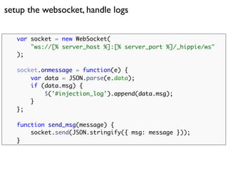 setup the websocket, handle logs


   var socket = new WebSocket(
       "ws://[% server_host %]:[% server_port %]/_hippie/ws"
   );

   socket.onmessage = function(e) {
       var data = JSON.parse(e.data);
       if (data.msg) {
           $('#injection_log').append(data.msg);
       }
   };

   function send_msg(message) {
       socket.send(JSON.stringify({ msg: message }));
   }
 