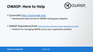 OWASP FOUNDATION owasp.org
OWASP: Here to Help
• CycloneDX https://cyclonedx.org/
• Standardized data format for SBOMs seeing great adoption
• OWASP DependencyTrack https://owasp.org/www-project-dependency-track/
• Platform for managing SBOMs across your application portfolio
 