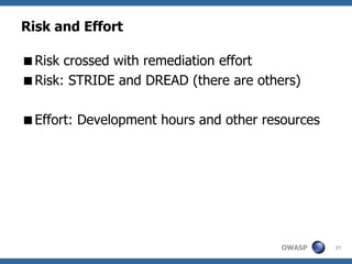 Risk and Effort

Risk crossed with remediation effort
Risk: STRIDE and DREAD (there are others)

Effort: Development hours and other resources




                                        OWASP    21
 