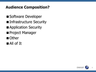 Audience Composition?

Software Developer
Infrastructure Security
Application Security
Project Manager
Other
All of It




                           OWASP   6
 