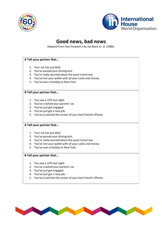 Good news, bad news
Adapted from Fast Forward 1 by Val Black et al. (1986)
A Tell your partner that…
1. Your cat has just died.
2. You’ve passed your driving test.
3. You’re really worried about the exam tomorrow.
4. You’ve lost your wallet with all your cards and money.
5. You’ve won a holiday to New York.
B Tell your partner that...
1. You saw a UFO last night.
2. You’ve crashed your parents’ car.
3. You’ve just got engaged.
4. You’ve just got a new job.
5. You’ve scratched the screen of your best friend’s iPhone.
A Tell your partner that…
1. Your cat has just died.
2. You’ve passed your driving test.
3. You’re really worried about the exam tomorrow.
4. You’ve lost your wallet with all your cards and money.
5. You’ve won a holiday to New York.
B Tell your partner that...
1. You saw a UFO last night.
2. You’ve crashed your parents’ car.
3. You’ve just got engaged.
4. You’ve just got a new job.
5. You’ve scratched the screen of your best friend’s iPhone.
 
