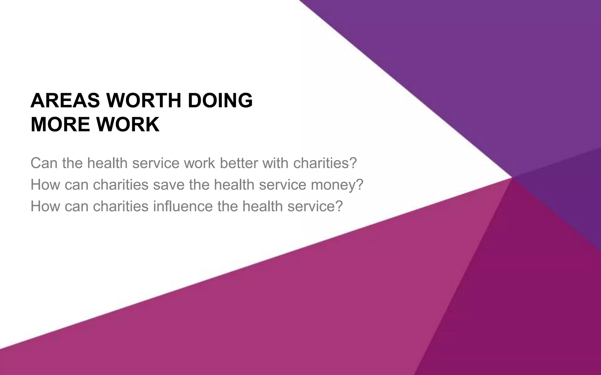 AREAS WORTH DOING
MORE WORK
Can the health service work better with charities?
How can charities save the health service money?
How can charities influence the health service?
 