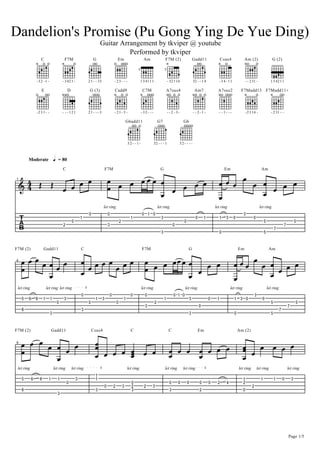 Dandelion's Promise (Pu Gong Ying De Yue Ding)
                                                                      Guitar Arrangement by tkviper @ youtube
                                                                                Performed by tkviper
                    C                    F7M                     G                            Em                       Am                   F7M (2)                      Gadd11                 Csus4              Am (2)                        G (2)

                                                                                                                 5                          5


                -3 2 -1 -               - 3 42 1 -           2 1 - - 33                   - 23- - -                  1 3 41 1 1                 - 32 1 14                32 - - 1 4          - 34- 11                  - - 2 31 -               1 3 42 1 1

                    E                        D                G (3)                       Cadd9                       C7M                       A7sus4                    Am7                A7sus2            F7Madd13 F7Madd11+




                -2 3 1 - -              - - - 121            21- - - 3                    - 21- 3 -                  - 32- - -                  - - 2 - 3-               - - 2- 1 -          - - 1- - -                - 2 3 14 -               - 2 31 - -

                                                                                                          G6add11                     G7                     G6




                                                                                                          32- - 1-               32 - - - 1              32- - - -



        Moderate                  h = 80



                                          B B B                                   B B B BBB B                                                                                                BBB B B B B B B
                                        C                                     F7M                                                       G                                                           Em                                 Am



    :4 P P
     4                                  B                                         B             B BB
                                                                                            B B
1




                                                                                                                                                                                             B       B
                                                                          let ring                                                    let ring                                             let ring                                  let ring
                                                             !                    !                                   ! " !                                                                                        $
                                                         "                                                  "                           $                                  !       "            "   $     !                  !
    c                                            !                                                #                                                          !                                                                            &                              &
                                        #                                         $                                                                  !                                                                                                       (
                                                                                                                                                                                                                                                    (
                                                                                                                                        $                                                       !                                         &




    BBBBBBB                                              B B B B B B B B B B B BB B B B B                                                                                                                 BBB B B B B B B
F7M (2)                 Gadd11                           C                                                            F7M                                        G                                            Em                               Am



    B                                                                    B
                                                         B                          B B
4



        B                                                                                                                                                                                                 B       B
 let ring                   let ring let ring                                                                        let ring                                 let ring                                  let ring                              let ring
                                                         !                            !                     !           !                            ! " !                                                                      $
    &   '       )       "     "          $                        "       $                           "                                     "                        $                 !    "             " $ !                        !
                                    !                        !                                !                                   #                                                                                                             &                        &
                                                                                                                        $                                                      !                                                                                 (
    )                                                    $                                                                                                                                                                                               (
                              $                                                                                                                                      $                                    !                                     &




    B B B B B B B                                                 B
F7M (2)                          Gadd11                          Csus4                                      C                                    C                             Em                             Am (2)



    B                                                             B B B B B B                                                                    B B B B B B B                                                     B B B B B B
                                                                  B B   B                                                                        B
8




            B                                                                                                                                          B                                                           B
 let ring                         let ring       let ring                                                 let ring                          let ring         let ring                                         let ring              let ring                     let ring
                                                                  "
    &       '       )        "      "                $            "                                                                                                                                                "                  "             "        !       $
                                             !                                                              !                                    !       !       !             !       !    #       %              #
                                                                              !           #           $     #          #      $                                                                                             #
    )                                                             $                                         $                                    $                             #                                   !
                                    $




                                                                                                                                                                                                                                                                 Page 1/5
 