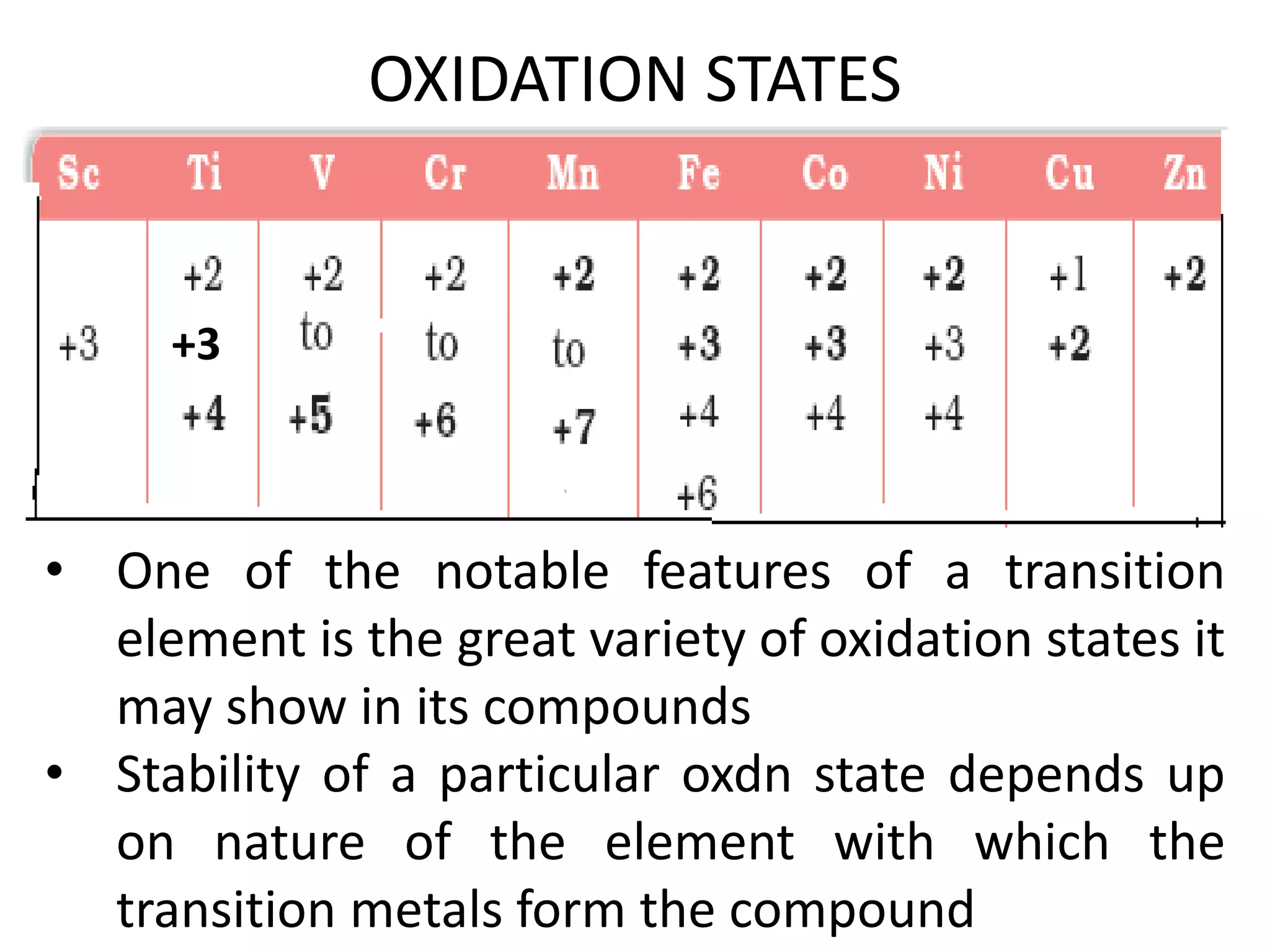 OXIDATION STATES
+3
• One of the notable features of a transition
element is the great variety of oxidation states it
may show in its compounds
• Stability of a particular oxdn state depends up
on nature of the element with which the
transition metals form the compound
 