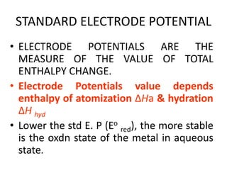 STANDARD ELECTRODE POTENTIAL
• ELECTRODE POTENTIALS ARE THE
MEASURE OF THE VALUE OF TOTAL
ENTHALPY CHANGE.
• Electrode Potentials value depends
enthalpy of atomization ΔHa & hydration
ΔH hyd
• Lower the std E. P (Eo
red), the more stable
is the oxdn state of the metal in aqueous
state.
 