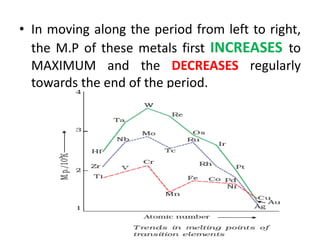 • In moving along the period from left to right,
the M.P of these metals first INCREASES to
MAXIMUM and the DECREASES regularly
towards the end of the period.
 