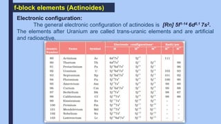f-block elements (Actinoides)
Electronic configuration:
The general electronic configuration of actinoides is [Rn] 5f1-14 6d0,1 7s2.
The elements after Uranium are called trans-uranic elements and are artificial
and radioactive.
 