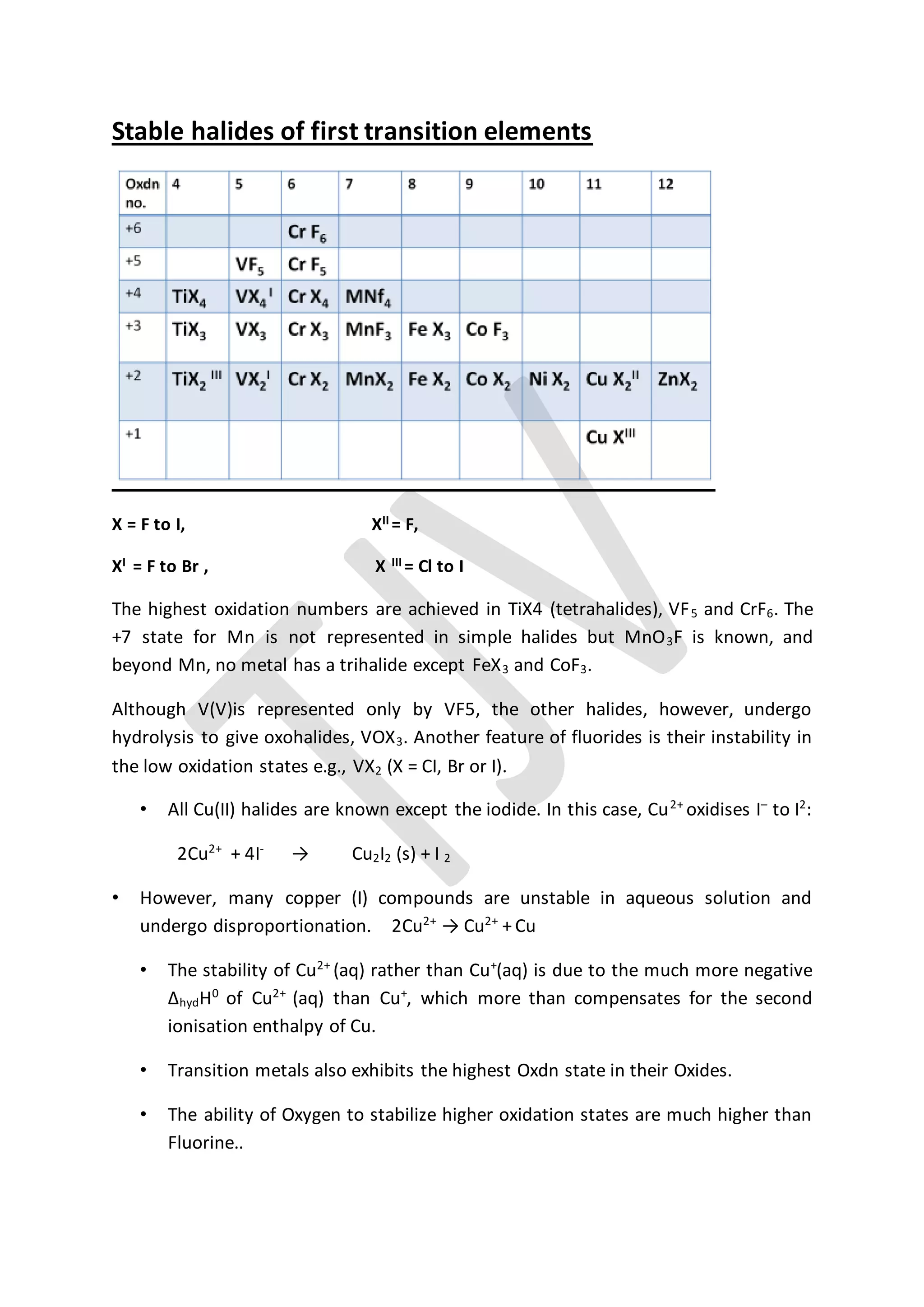 Stable halides of first transition elements
X = F to I, XII = F,
XI = F to Br , X III = Cl to I
The highest oxidation numbers are achieved in TiX4 (tetrahalides), VF5 and CrF6. The
+7 state for Mn is not represented in simple halides but MnO3F is known, and
beyond Mn, no metal has a trihalide except FeX3 and CoF3.
Although V(V)is represented only by VF5, the other halides, however, undergo
hydrolysis to give oxohalides, VOX3. Another feature of fluorides is their instability in
the low oxidation states e.g., VX2 (X = CI, Br or I).
• All Cu(II) halides are known except the iodide. In this case, Cu2+
oxidises I–
to I2
:
2Cu2+
+ 4I-
→ Cu2I2 (s) + I 2
• However, many copper (I) compounds are unstable in aqueous solution and
undergo disproportionation. 2Cu2+
→ Cu2+
+ Cu
• The stability of Cu2+
(aq) rather than Cu+
(aq) is due to the much more negative
ΔhydH0
of Cu2+
(aq) than Cu+
, which more than compensates for the second
ionisation enthalpy of Cu.
• Transition metals also exhibits the highest Oxdn state in their Oxides.
• The ability of Oxygen to stabilize higher oxidation states are much higher than
Fluorine..
 