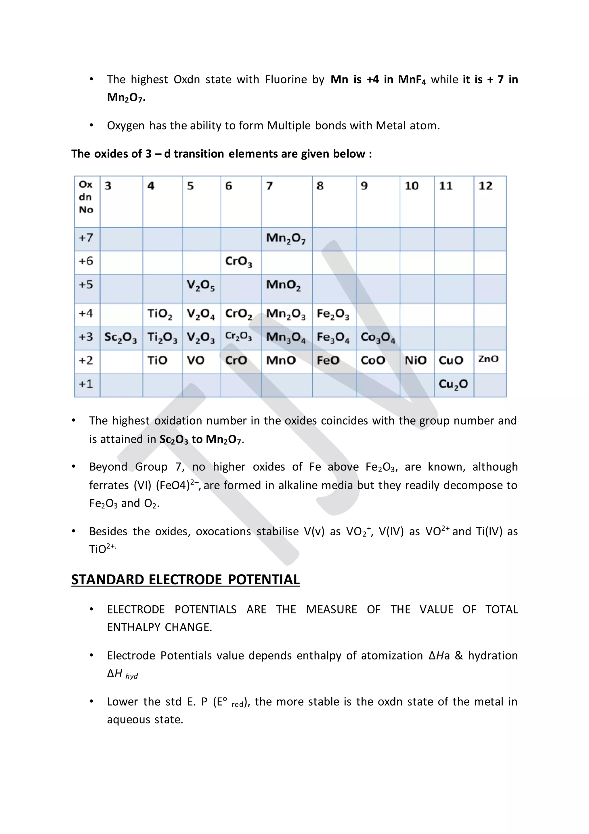 • The highest Oxdn state with Fluorine by Mn is +4 in MnF4 while it is + 7 in
Mn2O7.
• Oxygen has the ability to form Multiple bonds with Metal atom.
The oxides of 3 – d transition elements are given below :
• The highest oxidation number in the oxides coincides with the group number and
is attained in Sc2O3 to Mn2O7.
• Beyond Group 7, no higher oxides of Fe above Fe2O3, are known, although
ferrates (VI) (FeO4)2–
, are formed in alkaline media but they readily decompose to
Fe2O3 and O2.
• Besides the oxides, oxocations stabilise V(v) as VO2
+
, V(IV) as VO2+
and Ti(IV) as
TiO2+.
STANDARD ELECTRODE POTENTIAL
• ELECTRODE POTENTIALS ARE THE MEASURE OF THE VALUE OF TOTAL
ENTHALPY CHANGE.
• Electrode Potentials value depends enthalpy of atomization ΔHa & hydration
ΔH hyd
• Lower the std E. P (Eo
red), the more stable is the oxdn state of the metal in
aqueous state.
 