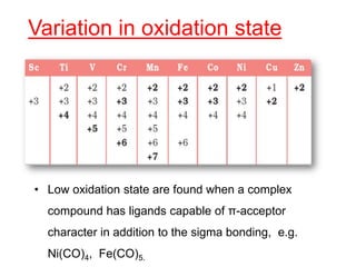 Variation in oxidation state
• Low oxidation state are found when a complex
compound has ligands capable of π-acceptor
character in addition to the sigma bonding, e.g.
Ni(CO)4, Fe(CO)5.
 