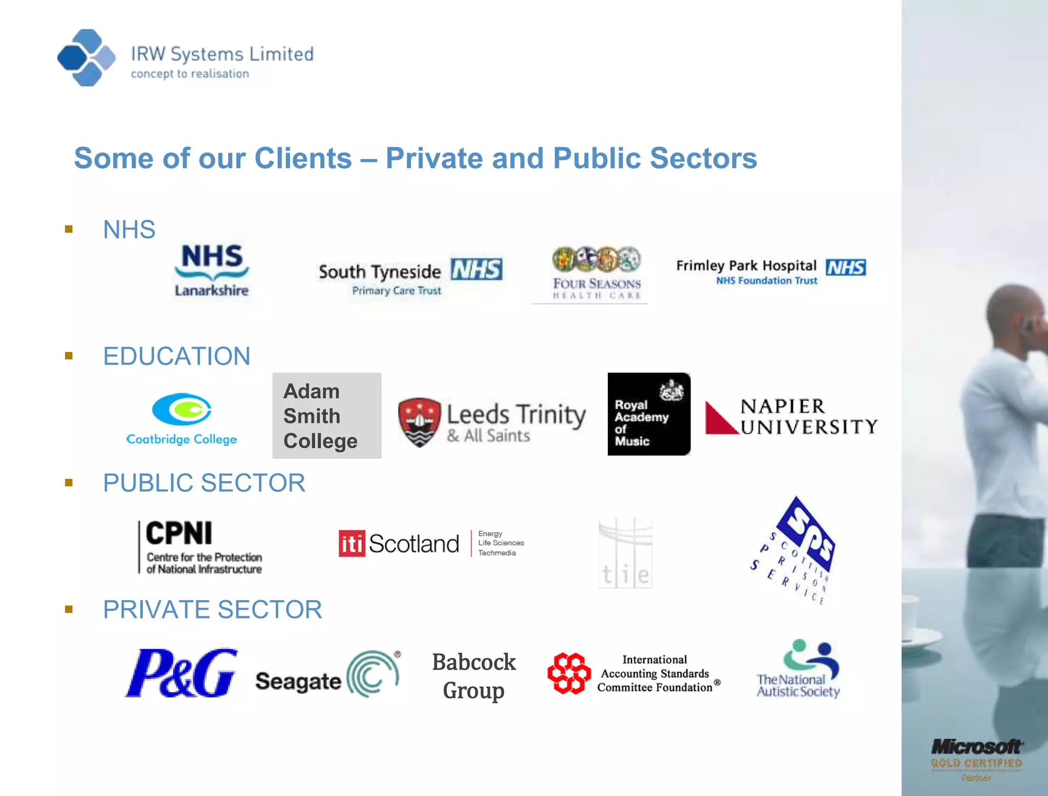 Some of our Clients – Private and Public SectorsNHSEDUCATIONPUBLIC SECTORPRIVATE SECTORAdamSmithCollegeBabcock Group