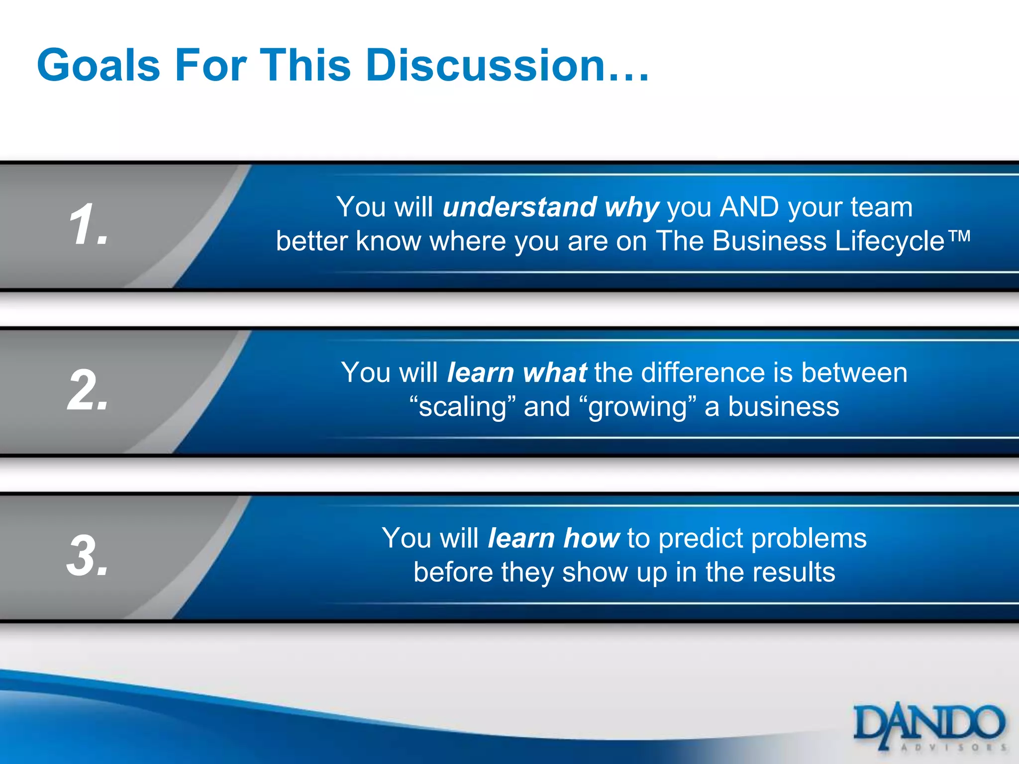 Goals For This Discussion…

               You will understand why you AND your team
 1.       better know where you are on The Business Lifecycle™



              You will learn what the difference is between
 2.               “scaling” and “growing” a business



                 You will learn how to predict problems
 3.                before they show up in the results
 