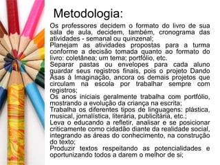 Metodologia: 
Os professores decidem o formato do livro de sua 
sala de aula, decidem, também, cronograma das 
atividades - semanal ou quinzenal; 
Planejam as atividades propostas para a turma 
conforme a decisão tomada quanto ao formato do 
livro: coletânea; um tema; portfólio, etc. 
Separar pastas ou envelopes para cada aluno 
guardar seus registros finais, pois o projeto Dando 
Asas à Imaginação, ancora os demais projetos que 
circulam na escola por trabalhar sempre com 
registros; 
Os anos iniciais geralmente trabalha com portfólio, 
mostrando a evolução da criança na escrita; 
Trabalha os diferentes tipos de linguagens: plástica, 
musical, jornalística, literária, publicitária, etc.; 
Leva o educando a refletir, analisar e se posicionar 
criticamente como cidadão diante da realidade social, 
integrando as áreas do conhecimento, na construção 
do texto; 
Produzir textos respeitando as potencialidades e 
oportunizando todos a darem o melhor de si; 
 