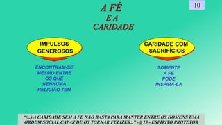 CARIDADE COM
SACRIFÍCIOS
IMPULSOS
GENEROSOS
A FÉ
E A
CARIDADE
10
ENCONTRAM-SE
MESMO ENTRE
OS QUE
NENHUMA
RELIGIÃO TEM
“(...) A CARIDADE SEM A FÉ NÃO BASTA PARA MANTER ENTRE OS HOMENS UMA
ORDEM SOCIAL CAPAZ DE OS TORNAR FELIZES...” - § 13 - ESPÍRITO PROTETOR
SOMENTE
A FÉ
PODE
INSPIRÁ-LA
 