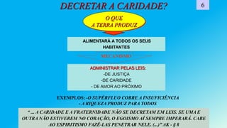 DECRETAR A CARIDADE? 6
O QUE
A TERRA PRODUZ
ALIMENTARÁ A TODOS OS SEUS
HABITANTES
ADMINISTRAR PELAS LEIS:
-DE JUSTIÇA
-DE CARIDADE
- DE AMOR AO PRÓXIMO
MECANISMO
“ ... A CARIDADE E A FRATERNIDADE NÃO SE DECRETAM EM LEIS. SE UMA E
OUTRA NÃO ESTIVEREM NO CORAÇÃO, O EGOISMO AÍ SEMPRE IMPERARÁ. CABE
AO ESPIRITISMO FAZÊ-LAS PENETRAR NELE. (...)” AK - § 8
EXEMPLOS: -O SUPÉRFLUO COBRE A INSUFICIÊNCIA
- A RIQUEZA PRODUZ PARA TODOS
 
